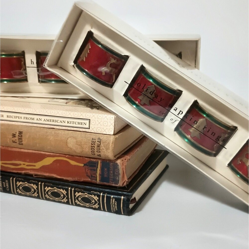 Brass Holiday Napkin Rings Pier 1 Imports SET 8 VTG Reindeer Christmas Tree